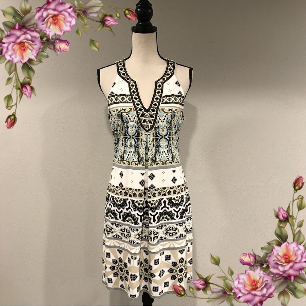 Hale Bob v-neck sleeveless beaded neckline midi dress size M